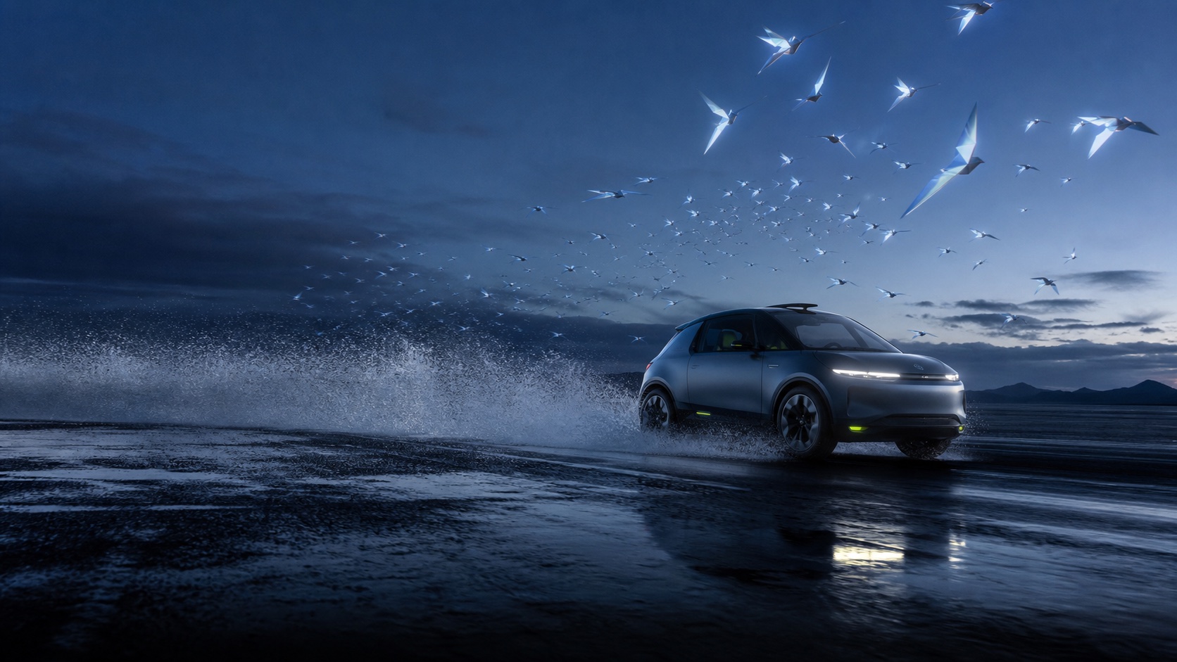 Original concept still: An electric concept car races across a black volcanic salt flat at blue hour as luminous origami birds sweep overhead.