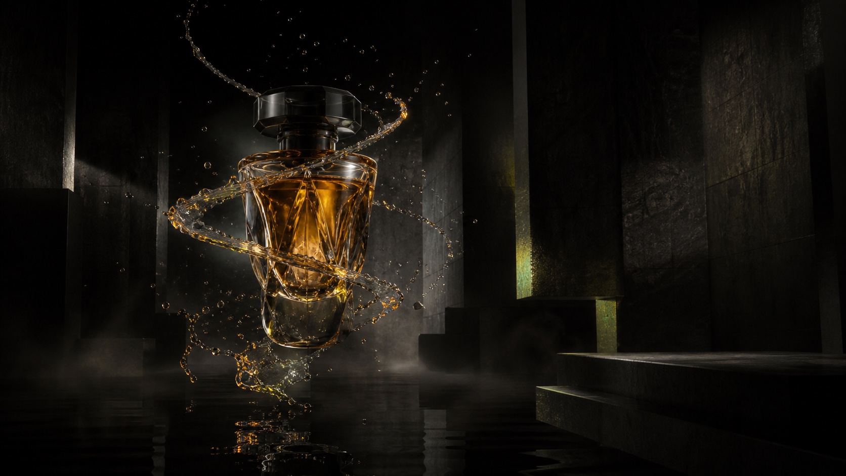 Original concept still: A sculptural glass fragrance bottle levitates above black water while ribbons of amber liquid spiral through a brutalist studio.